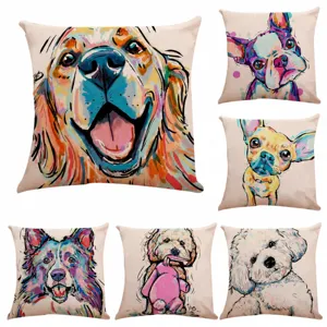 Housse de Coussin en Lin Chien Dessin Animé Artistique Moderne Carré Motif Chiot Pop Art Taie d'Oreiller Pour Canapé Bureau Voiture Déco Maison