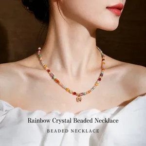 Titanium Steel Colorful Beaded Necklace Rainbow Natural Stone Crushed Crystal Pendant Layered Choker For Women Trendy Jewelry