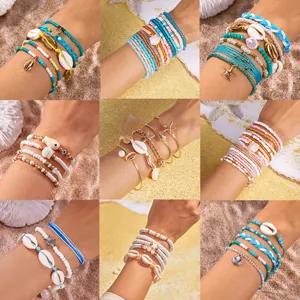Bohemian Beach Bracelet Set For Women Summer Vacation Starfish Shell Colorful Beads Layered Handmade Alloy Bracelet Jewelry Gift