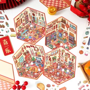 Collection d'Autocollants de Scène 3D du Nouvel An Chinois DIY PET Carton Blanc Danse du Lion Festive Dieu de la Richesse Décoration Intérieure Journal Scrapbooking