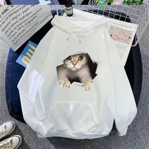 Women 3D Cat Print Fleece Hoodie Oversized Pullover Long Sleeve Casual Hooded Sweatshirt Winter Warm Lazy Style Top