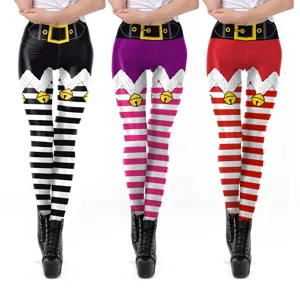 Leggings de Noël Imprimé 3D pour Femmes Taille Haute Galbant Amincissant Cloches Festives Rayures Costume Elf Pantalon de Fête