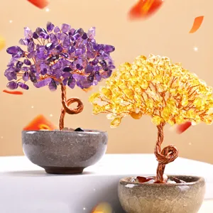 Albero dei Soldi in Citrino Naturale Ametista Quarzo Rosa Albero della Ricchezza Fatto a Mano in Filo di Rame Albero di Cristallo Con Base in Ceramica Feng Shui Decorazione da Tavolo
