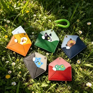 Cartoon Capibara PU-leer Kaarthouder Envelopstijl ID Creditcardhoes Met Veer Lanyard Sleutelhanger Voor Studenten Kinderen