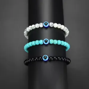 Bracelet Vintage en Pierre Naturelle Mauvais Œil avec Perles pour Hommes Femmes Résine Œil de Tigre Turquoise Bracelet Élastique Fait à la Main Bijoux Cadeau