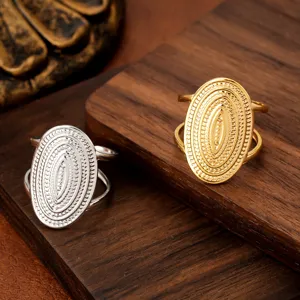 Anello Aperto in Acciaio Inossidabile Boemo Vintage Per Donna Texture Concentrica Ovale Irregolare Regolabile Gioielli