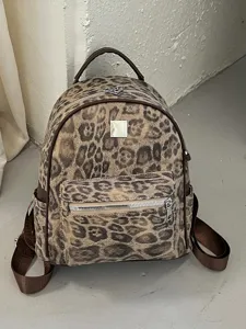 Dames Mode Luipaardprint Rugzak Vintage PU Leer Woon-werkverkeer Kleine Schooltas Veelzijdige Dagelijkse Uitstap Casual Reistas