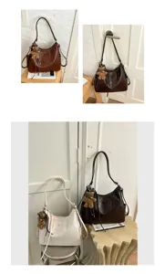 Multi-angle view of brown and ivory bags with long straps, teddy charms and tassel details