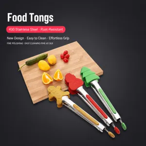 Weihnachten Silikon Lebensmittelzange Edelstahl Griff Hitzebeständige Küchenzange Für BBQ Steak Kochen Weihnachtsmann Schneemann Baum Design