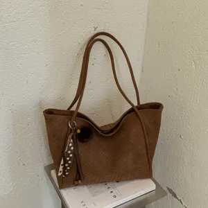 Bolso Tote Tejido para Mujer Cuero PU Gran Capacidad Bolso de Hombro Con Pañuelo Borla Pom Pom Chic Minimalista Diario