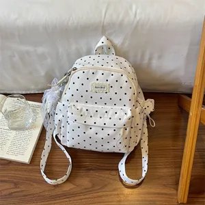 Sac à Dos en Toile à Pois pour Femmes Filles Style Preppy Décontracté Sac d'École de Voyage Avec Charrues en Ruban Étoilé Noir Blanc Rouge