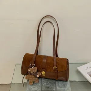 Damen Vintage Patchwork PU Leder Schultertasche Leopard Print Kleine Quadratische Tasche Mit Plüsch Teddybär Anhänger Retro Handtasche