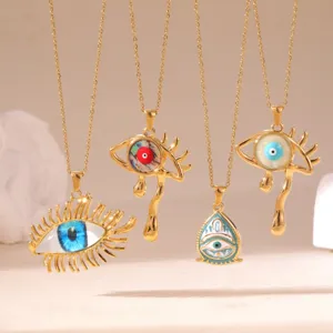 Collana con Ciondolo a Forma di Occhio del Diavolo Piangente in Acciaio Inossidabile Placcato Oro per Donna Design di Nicchia Gioielli Bohemian