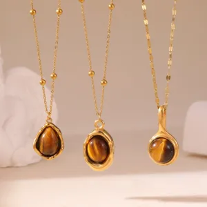 Collana con Ciondolo in Acciaio Inossidabile Placcato Oro 18K Pietra Occhio di Tigre per Donna Gioielli Retro Lusso Goccia d'Acqua