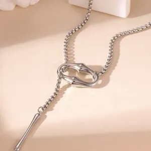 Collana Lunga Minimalista in Acciaio Inossidabile Con Fibbia in Bambù Per Donna Catena Box Regolabile Argento Catena per Maglione