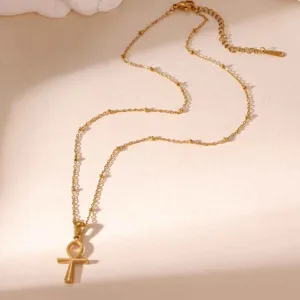 Collana con Ciondolo a Croce Ankh in Acciaio Inossidabile Oro per Donna Collana con Catena a Sfere Satellite Irregolare Gioielli Egiziani