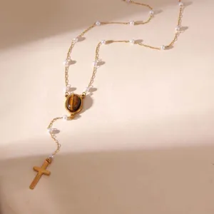 Collana Lunga Vintage a Forma di Y in Acciaio Inossidabile Placcato Oro Con Pendente a Croce e Nappina Pietra Occhio di Tigre e Perla Artificiale Gioielli Donna