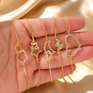 Bracciale in Acciaio Inossidabile Placcato Oro Catena Veneziana Regolabile per Donna Strass Cuore Stella Luna Fiore Gioielli