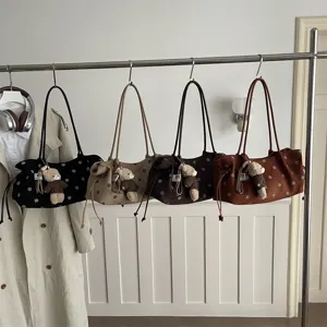 Τσάντα Tote από Λινό με Πουά Σχέδιο Μεγάλης Χωρητικότητας για Γυναίκες Κομψή Τσάντα Ώμου με Κορδόνι και Αρκουδάκι για Καθημερινή Μετακίνηση