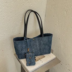 Bolso Tote de Mezclilla Retro para Mujer Gran Capacidad Bolso de Hombro Casual Bolso Axilar Con Mini Bolsa Desmontable