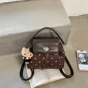 Korean Style Cute Polka Dot Suede Backpack For Women Mini School Bag With Heart Buckle Drawstring Commuter Travel Handbag