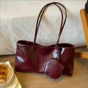 Bolso de Mano Vintage de Cuero PU para Mujer Gran Capacidad Bolso de Hombro Color Sólido Bolso de Axila Con Mini Bolsa Desmontable Bolso de Viaje Informal