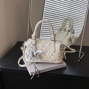 Bolso de Mano Boston de Rombos con Strass para Mujer Elegante Bolso Bandolera de Cuero PU con Colgante de Estrella Bolso de Hombro Pequeño