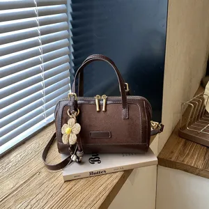 Vintage PU Leather Boston Bag For Women Elegant Woven Pattern Crossbody Bag With Flower Charm Small Pillow Handbag For Daily Use