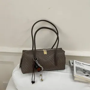 Women Woven Texture Shoulder Bag Large Capacity PU Leather Retro Bowling Bag Underarm Handbag With Charm Fashion Versatile Commute Top Handle Bag