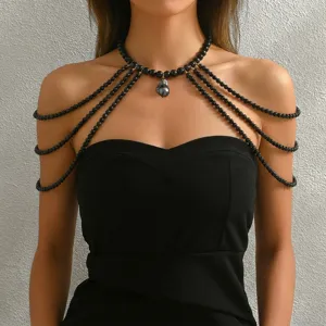 Women Sexy Faux Artificial Pearl Body Chain Necklace Vintage Multi Layer Shoulder Chain With Artificial Baroque Pearl Pendant Gold Jewelry