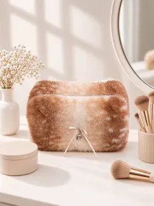 Cute Plush Cosmetic Bag For Women Large Capacity Travel Toiletry Organizer Fluffy Makeup Pouch With Deer Pendant