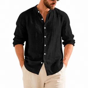 Men's Casual Long Sleeve Linen Blend Shirt Stand Collar Button Down Loose Fit Spring Summer Vacation Beach Shirt