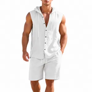 Men's Casual Linen Blend Two Piece Set Hooded Sleeveless Shirt And Shorts Activewear Summer Beach Vacation Outfit