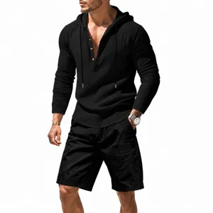 Men Casual Linen Blend Hooded Long Sleeve Henley Shirt And Shorts Set Beach Summer Top And Bottom
