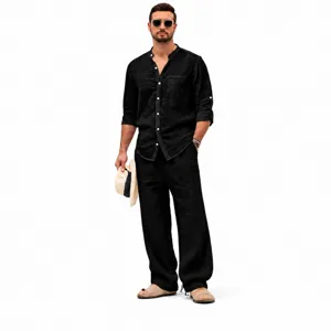 Men Casual Linen Top And Bottom Long Sleeve Band Collar Solid Color Loose Fit Outfit For Spring Summer