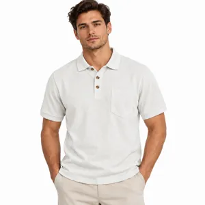 Men's Waffle Knit Polo Shirt Casual Short Sleeve Lapel Button Solid Color Breathable Summer Top