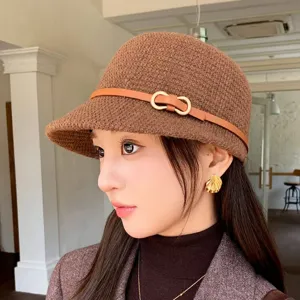 Women's British Vintage Knit Bucket Hat Wide Brim Warm Basin Hat Solid Color Casual Winter Autumn Hat