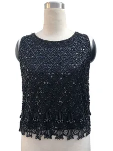 Women Heavy Industry Sequin Beaded Tassel Tank Top Vintage Geometric Pattern Mesh Vest Elegant Sleeveless Party Outerwear Top