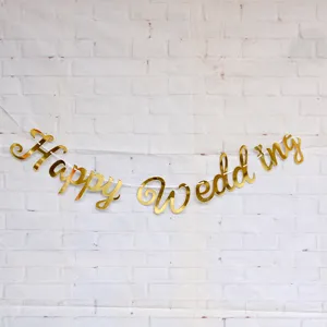 Happy Wedding Script Mirror Paper Banner Glitter Gold Metallic Wedding Backdrop Party Hanging Decoration With Ribbon