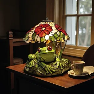 Lampe de Table Créative Grenouille en Résine Avec Abat-jour Parapluie en Verre Style Tiffany Veilleuse Décorative pour Maison