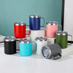 12oz Stainless Steel Insulated Coffee Mug With Handle And Lid Matte Powder Coated Travel Beer Cup Vacuum Thermal Tumbler For Office Outdoor Home