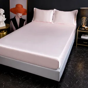 Juego de Sábanas Bajeras de Seda de Hielo Color Sólido Protector de Colchón de Satén Refrescante Colcha Con Fundas de Almohada