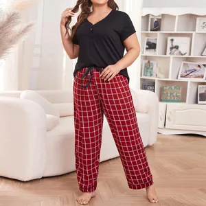 Ensemble de Pyjama pour Femmes Grande Taille Haut à Manches Courtes Col en V et Pantalon Long Imprimé Tenue de Détente