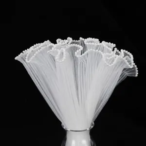 Korean Pleated Wave Mesh Floral Wrapping Material Artificial Pearl Edged Polyester Flower Bouquet Wrapping Yarn For Valentine Wedding