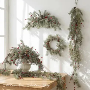 Artificial Christmas Pine Cone Red Berry PE Leaf Wreath Vine Branch Swag For Xmas Tree Home Holiday Party Wall Decor