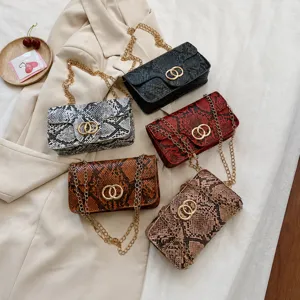 Women's Trendy Snake Print PU Leather Small Square Bag With Gold Chain Strap And Double Ring Buckle Elegant Crossbody Shoulder Bag