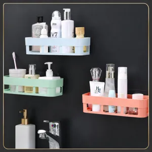 Rectangular Adhesive Wall Mounted Bathroom Shelf Plastic Nordic Style Drainage Storage Rack For Kitchen Toilet Organizer
