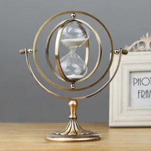 European Retro Rotating Globe Hourglass 15 Minutes Sand Timer Zinc Alloy Glass Vintage Desktop Ornament For Office Home Study Gift