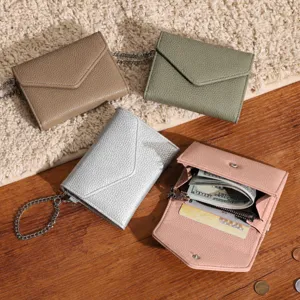 Women's Minimalist Lychee Pattern PU Leather Envelope Wallet Metal Chain Slim Card Slot Zipper Coin Pocket Clutch
