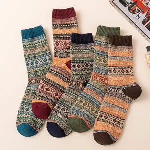Vintage Ethnic Style Long-Staple Cotton Crew Socks For Men Amekaji Geometric Jacquard Thickened Warm Winter Workwear Fashion Socks
